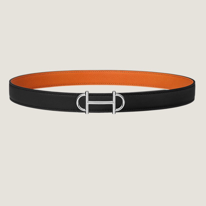 Hermes In Store Now Black And Orange Reversible Belt With Silver Belt Buckle.